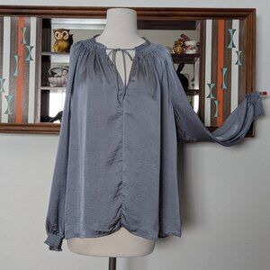 Lucky Brand Gray Satin Long Sleeve Top Blouse Ties Elastic Details Size L